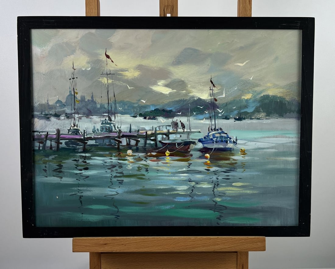 Oil painting Ships at the Dock in a Calm Sea Yuriy Suprunchuk (1 of 11)