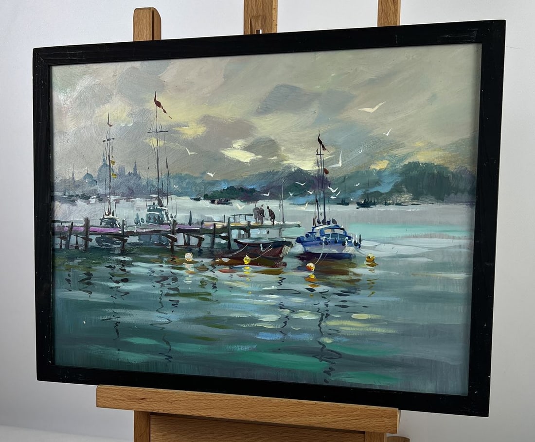 Oil painting Ships at the Dock in a Calm Sea Yuriy Suprunchuk - 2