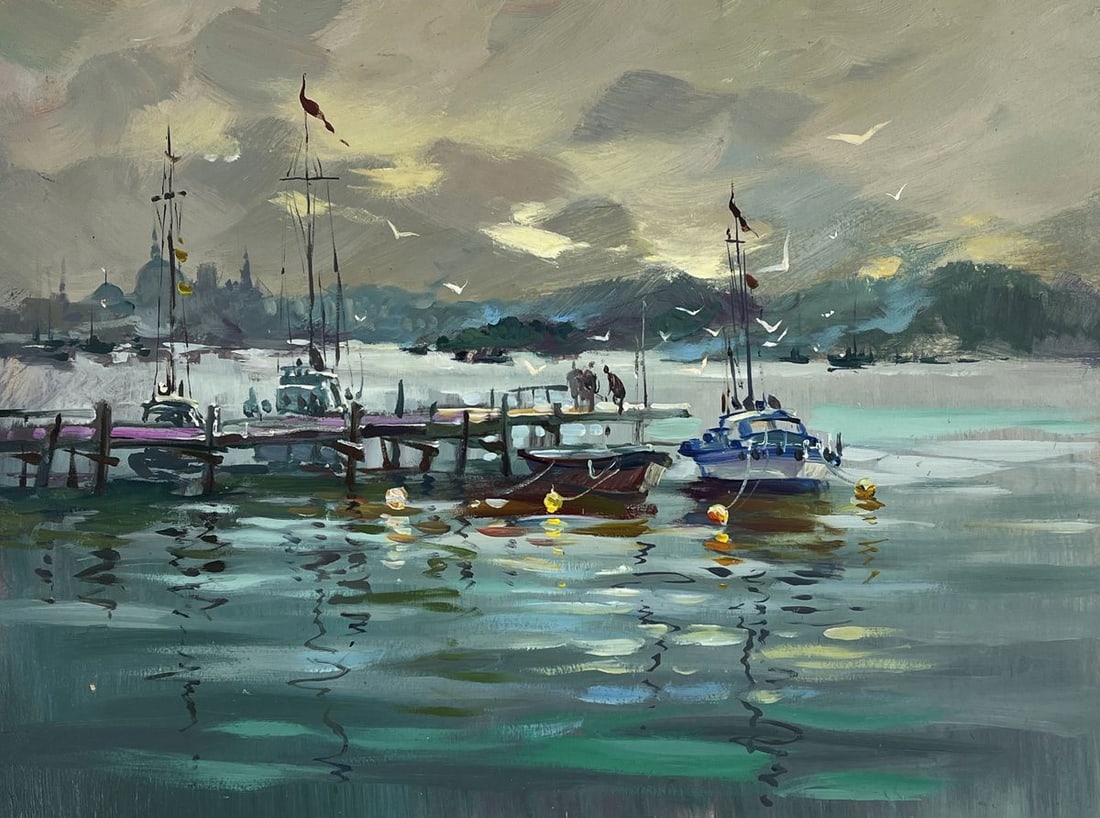 Oil painting Ships at the Dock in a Calm Sea Yuriy Suprunchuk - 3