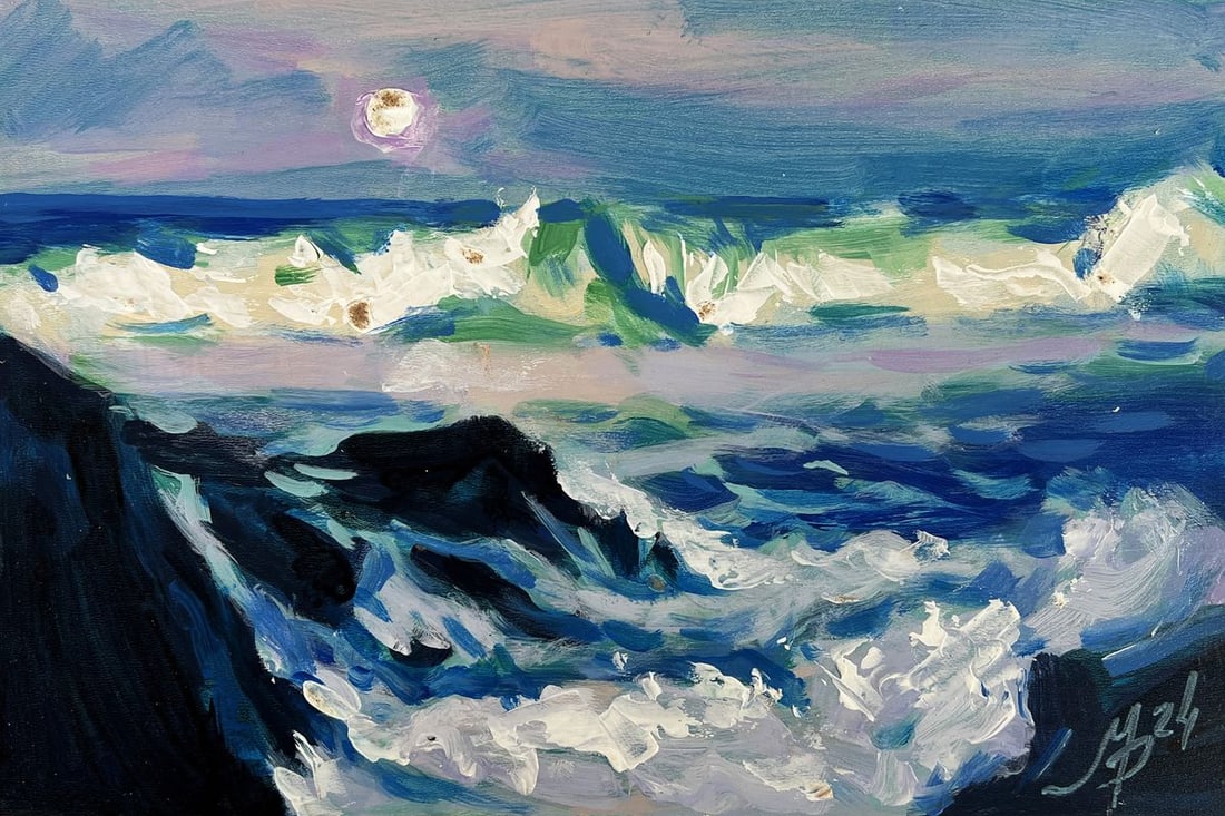 Acrylic painting Quiet waves under a pink sky Mykhailo Patskan - 3