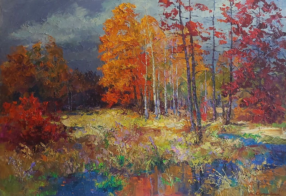 Oil painting Autumn forest Boris Serdyuk: Title: Oil painting Autumn forest Boris Serdyuk Description: No.SERB 1101The painting titled "Autumn Forest" captures the vibrant and emotional essence of fall. The artist masterfully uses bold,