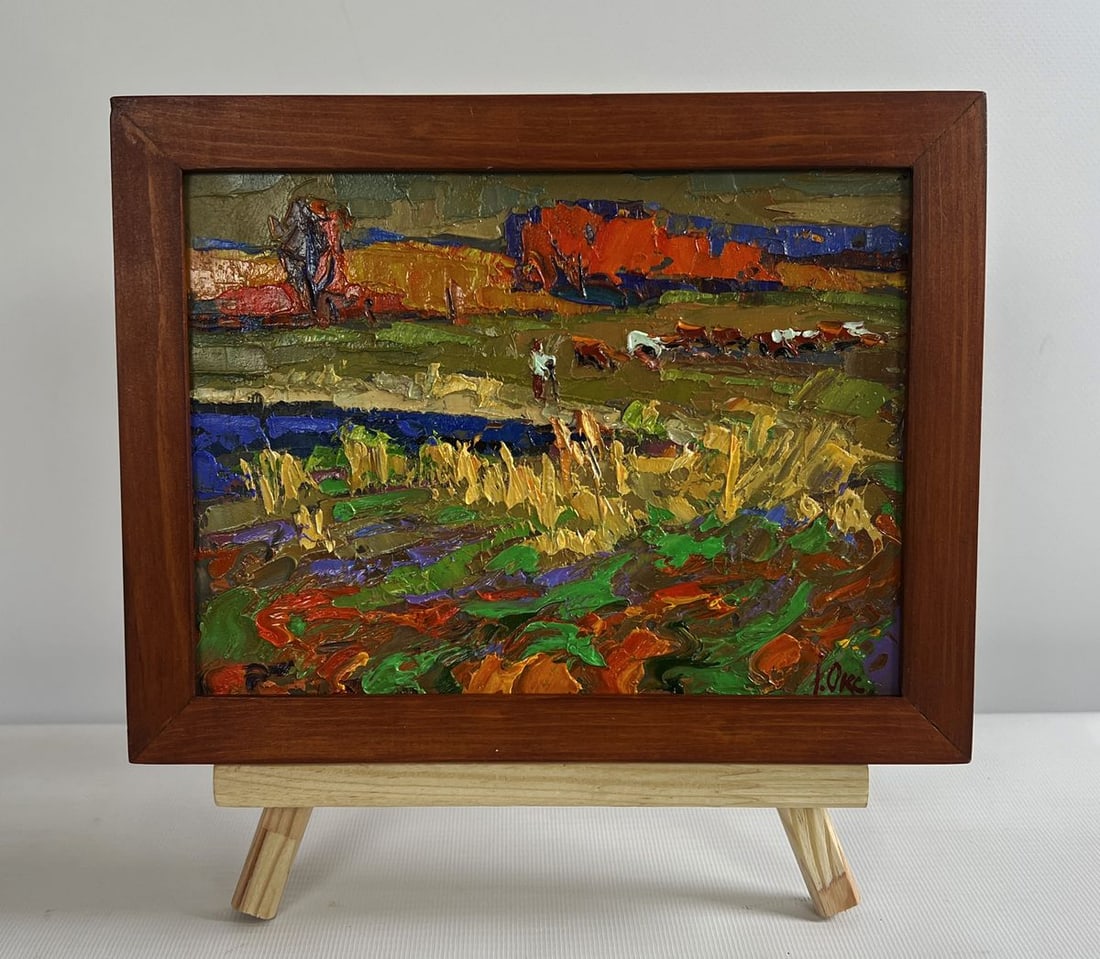 Oil painting In the autumn meadows Oksana Kalenyuk: Title: Oil painting In the autumn meadows Oksana Kalenyuk Description: No.AAA4738The oil painting on cardboard titled "In the Autumn Meadows" is a stunning representation of the countryside during
