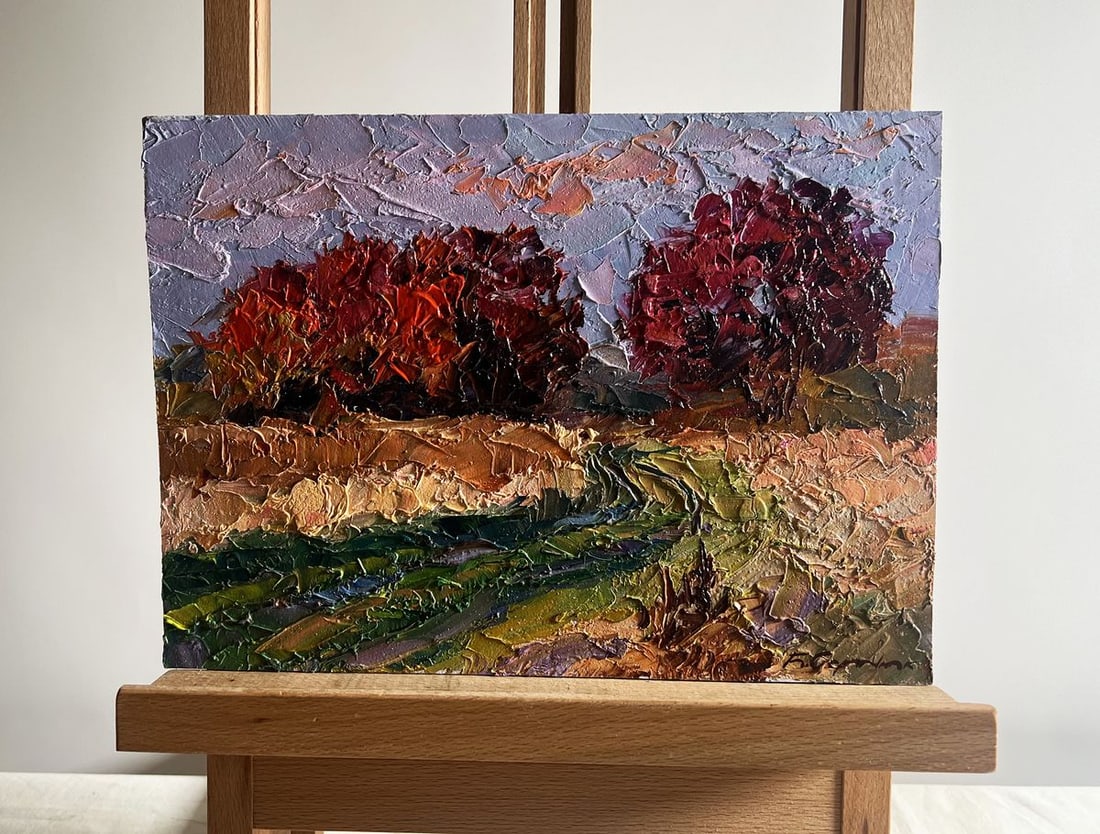Oil painting Crimson autumn in the forest Boris Serdyuk: Title: Oil painting Crimson autumn in the forest Boris Serdyuk Description: No.AAA3733The oil painting on cardboard, titled "Crimson Autumn in the Forest", captures the fiery beauty of the fall season