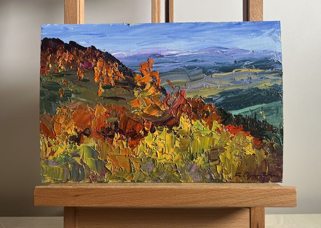 Oil painting Golden Mountain Fields Boris Serdyuk: Title: Oil painting Golden Mountain Fields Boris Serdyuk Description: No.AAA3799This oil painting cardboard, titled "Golden Mountain Fields", the composition is structured to draw the viewer’s gaze 