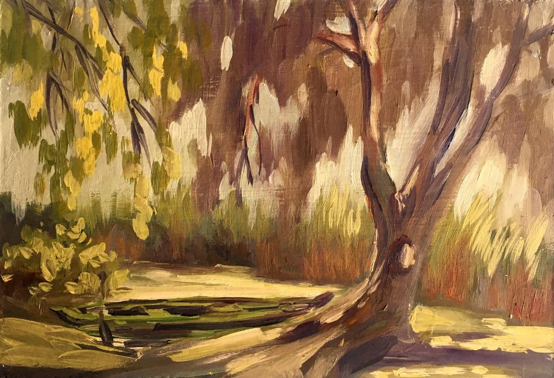 Oil painting Autumn forest Svetlana Gramm: Title: Oil painting Autumn forest Svetlana Gramm Description: No.AAA2629 The oil painting portrays a picturesque scene of a tree by the river during the evening. The thick trunk of the tree is texture