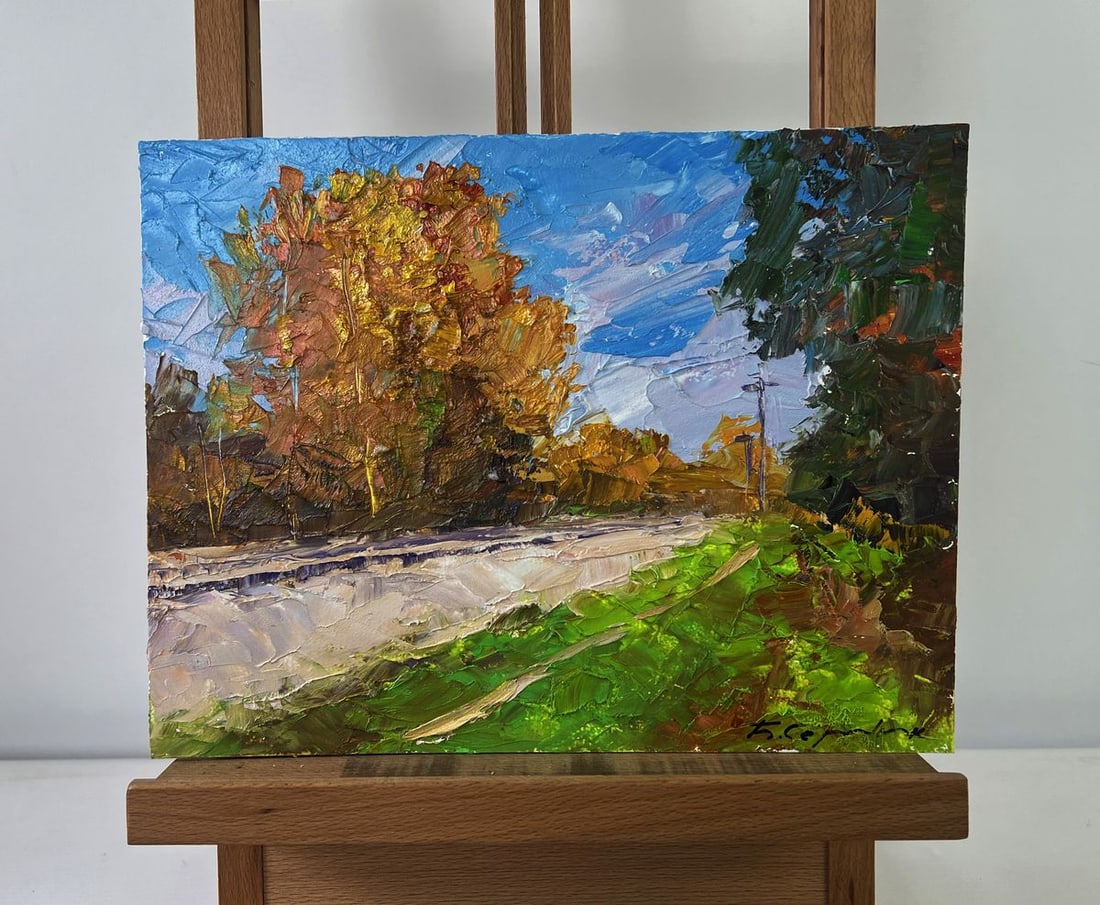 Oil painting Autumn silence on the road Boris Serdyuk: Title: Oil painting Autumn silence on the road Boris Serdyuk Description: No.AAA5452The Oil painting on Cardboard titled “Autumn silence on the road” beautifully encapsulates the serene