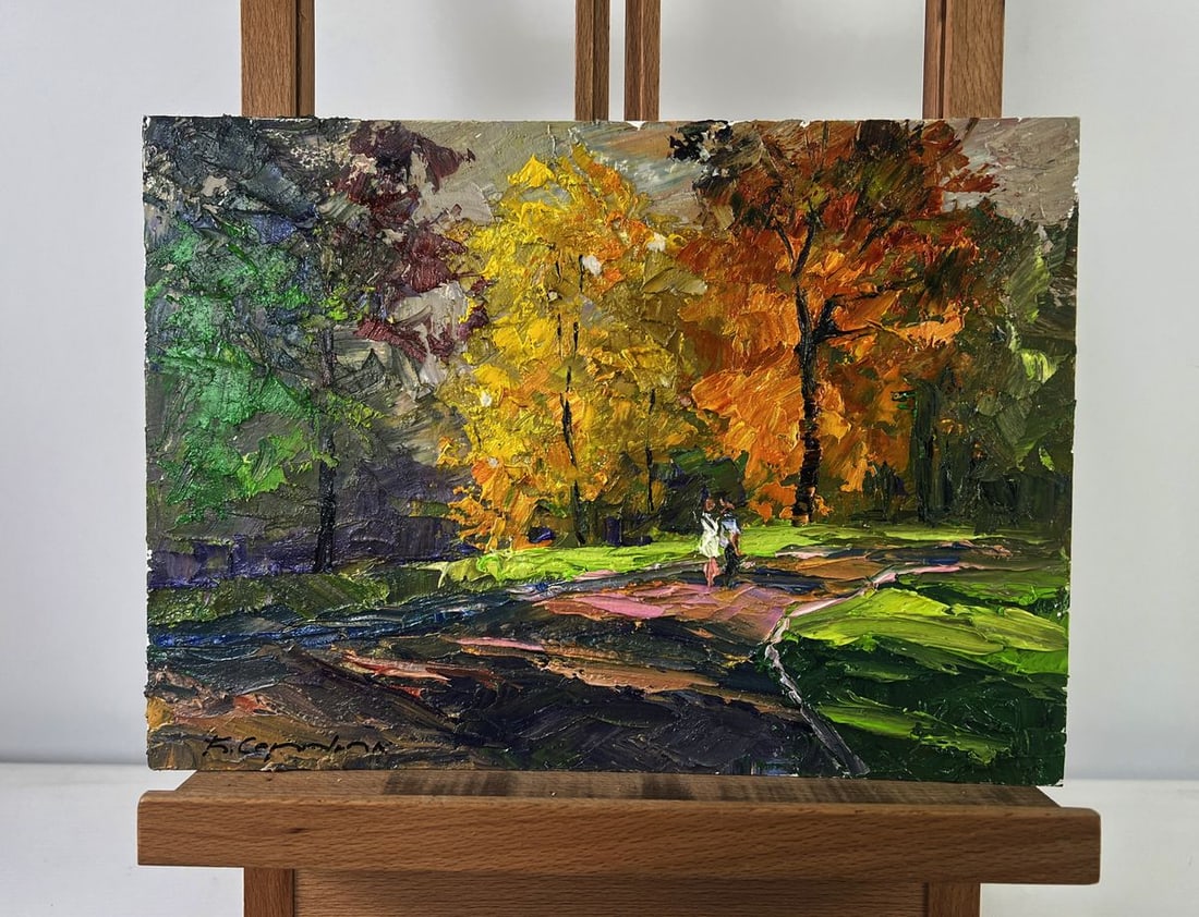 Oil painting Leaves whisper beneath your feet Boris Serdyuk: Title: Oil painting Leaves whisper beneath your feet Boris Serdyuk Description: No.AAA5455The Oil painting on Cardboard titled “Leaves whisper beneath your feet” captures the very essence of