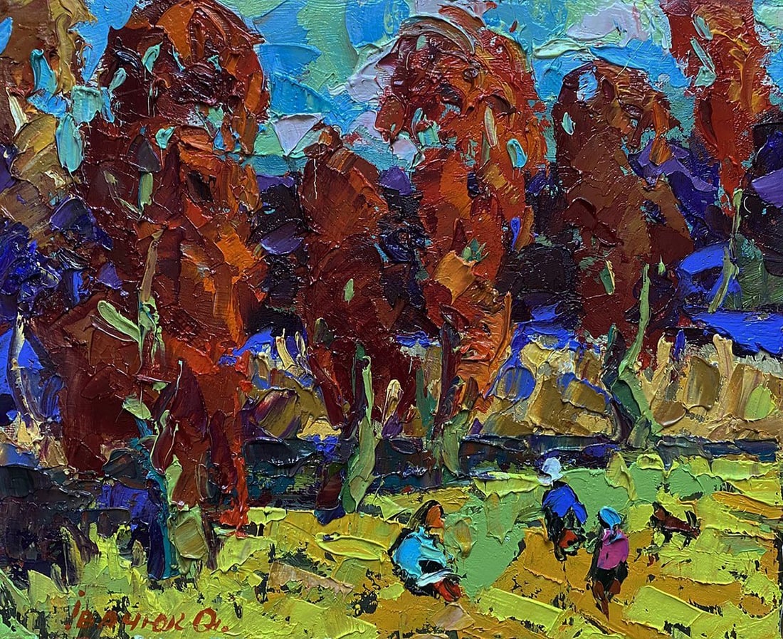 Oil painting Autumn crimson Oleksiy Ivanyuk: Title: Oil painting Autumn crimson Oleksiy Ivanyuk Description: No.Kalen 1560The oil painting on Canvas titled "Autumn Crimson" vividly captures the rich emotional tapestry and visual intensity of