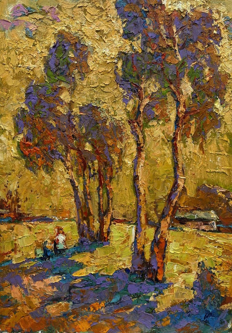 Oil painting Pine trees to the sky Oleksiy Ivanyuk: Title: Oil painting Pine trees to the sky Oleksiy Ivanyuk Description: No.Kalen 1584The oil painting on Canvas titled "Pine Trees to the Sky" immerses the viewer in a golden landscape where towering
