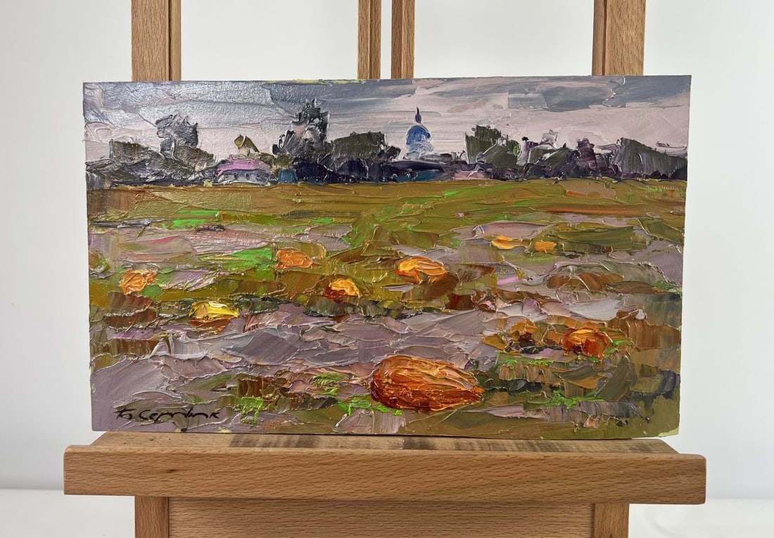 Oil painting Autumn has come to the pumpkin field Boris Serdyuk: Title: Oil painting Autumn has come to the pumpkin field Boris Serdyuk Description: No.AAA4773The oil painting on Cardboard titled "Autumn has come to the pumpkin field" captures the essence of a tran