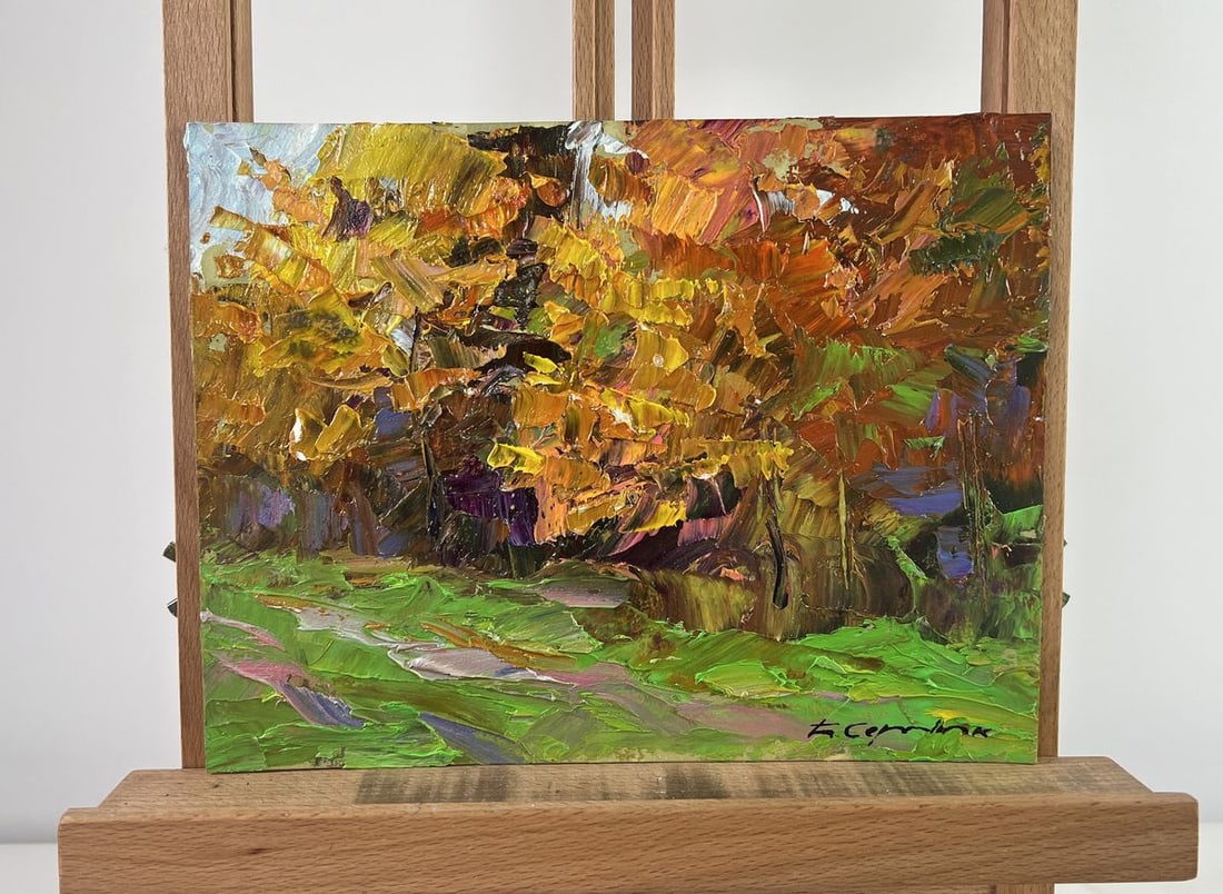 Oil painting Autumn sparkles with gold Boris Serdyuk: Title: Oil painting Autumn sparkles with gold Boris Serdyuk Description: No.AAA4780The oil painting on Cardboard titled "Autumn Sparkles with Gold" captures the enchanting beauty of a forest as it tra