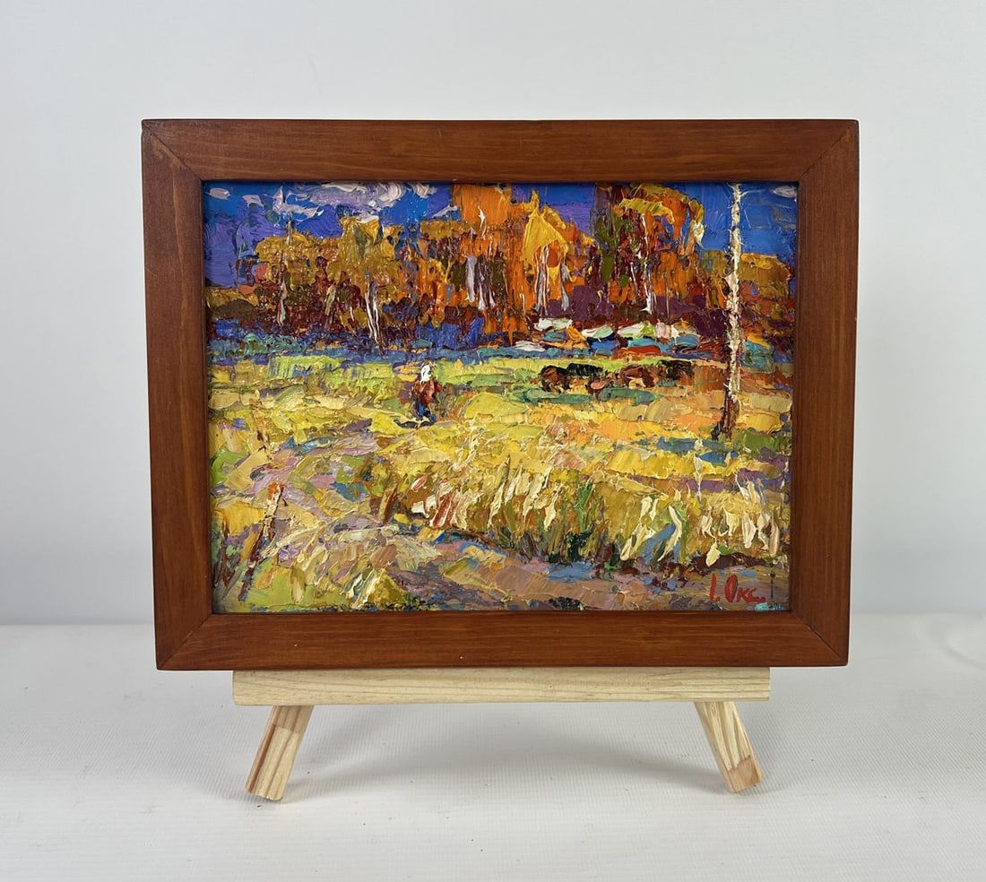 Oil painting Golden breath of autumn Oksana Kalenyuk: Title: Oil painting Golden breath of autumn Oksana Kalenyuk Description: No.AAA5118The oil painting on Cardboard titled "Golden Breath of Autumn" captures the essence of fall in all its radiant splend