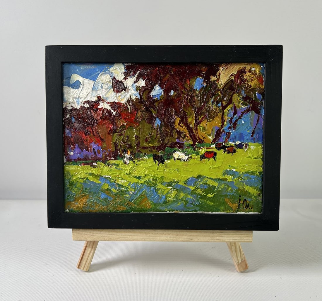 Oil painting Cows on the meadow Alex Kalenyuk: Title: Oil painting Cows on the meadow Alex Kalenyuk Description: No.AAA5282The oil painting on Canvas titled "Cows on the Meadow" captures a vivid, almost lyrical moment in rural life where color, mo