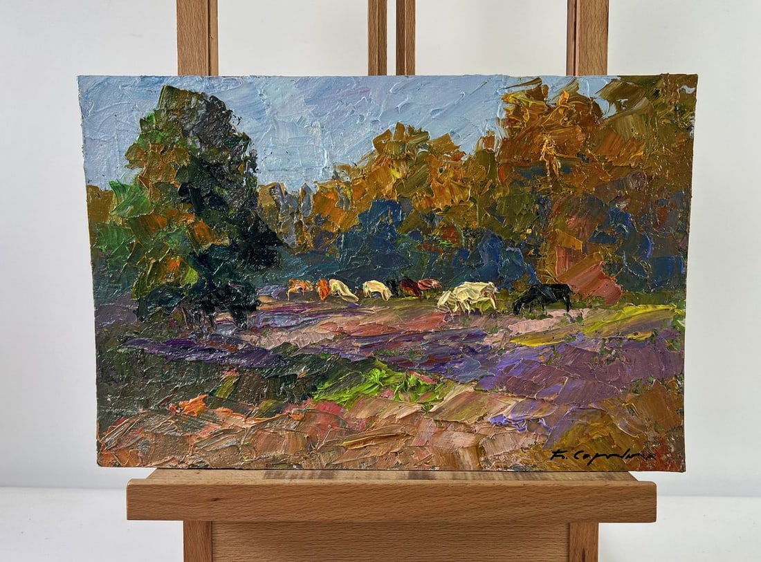 Oil painting Cows on the pasture Boris Serdyuk: Title: Oil painting Cows on the pasture Boris Serdyuk Description: No.AAA5304The oil painting on Cardboard titled "Cows on the Pasture" captures the lyrical rhythm of rural life with expressive, vibra