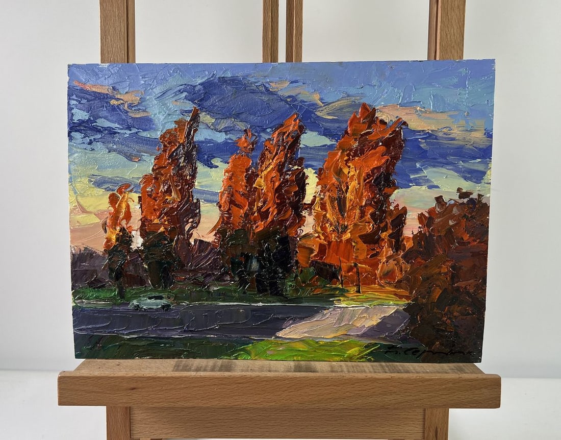 Oil painting Autumn poplars Boris Serdyuk: Title: Oil painting Autumn poplars Boris Serdyuk Description: No.AAA5309The oil painting on Cardboard titled "Autumn Poplars" vividly captures the fiery soul of fall through an expressive palette and 
