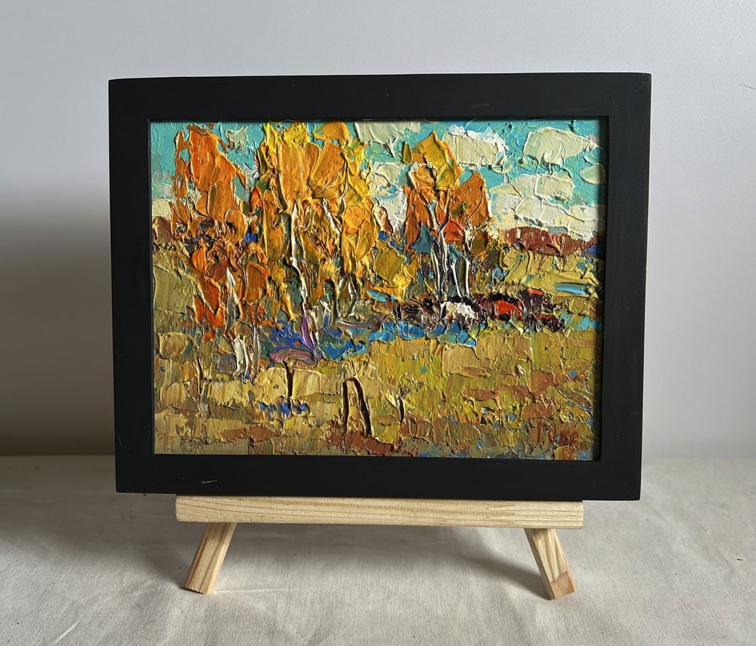 Oil painting Autumn sunny day Oksana Kalenyuk: Title: Oil painting Autumn sunny day Oksana Kalenyuk Description: No.AAA3921This oil painting cardboard, titled "Autumn sunny day", the artist employs thick, expressive brushstrokes and a warm color