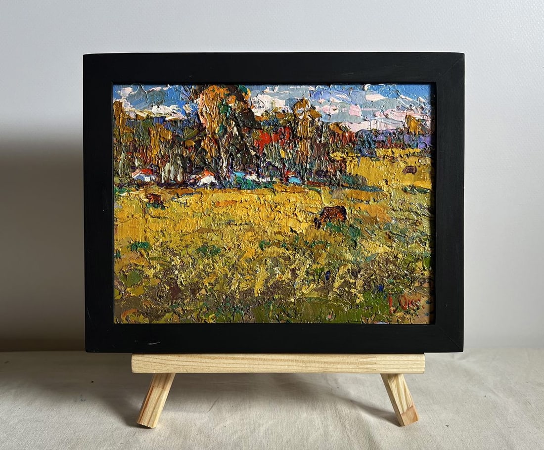 Oil painting On the yellow autumn meadows Oksana Kalenyuk: Title: Oil painting On the yellow autumn meadows Oksana Kalenyuk Description: No.AAA3930This oil painting cardboard, titled "On the yellow autumn meadows", the artist employs thick, expressive
