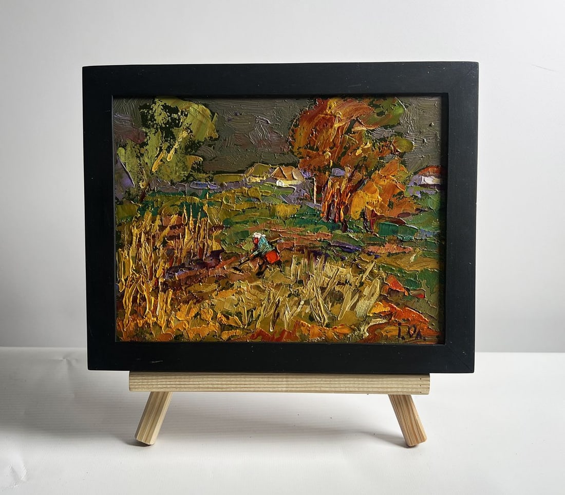 Oil painting In the autumn gardens Alex Kalenyuk: Title: Oil painting In the autumn gardens Alex Kalenyuk Description: No.AAA4098This oil painting cardboard, titled "In the autumn gardens", the scene is bathed in warm, earthy tones, reflecting the tr