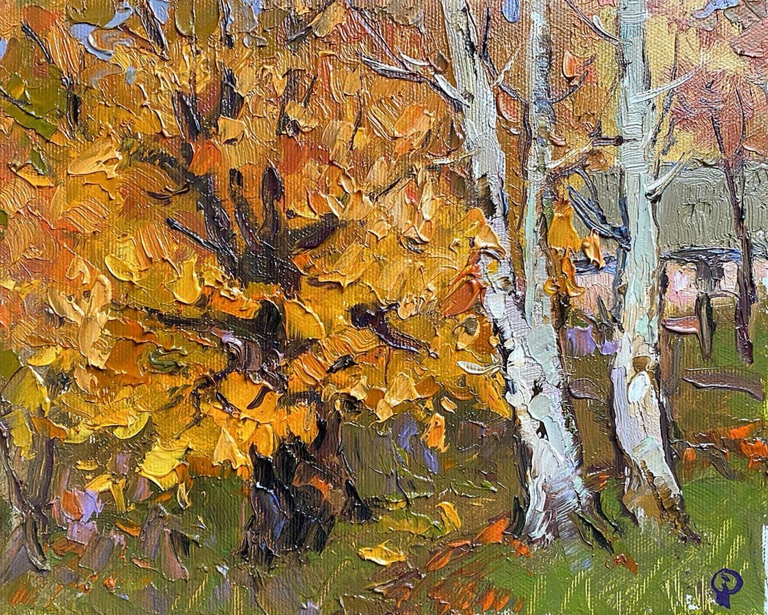 Oil painting Autumn gold Oksana Kalenyuk: Title: Oil painting Autumn gold Oksana Kalenyuk Description: No.Kalen 1312"Autumn Gold" is an oil painting that radiates the warmth and richness of the autumn season. This piece is marked by a