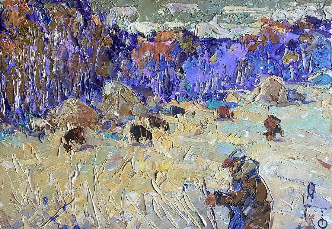 Oil painting Autumn stubble Alex Kalenyuk: Title: Oil painting Autumn stubble Alex Kalenyuk Description: No.Kalen 1331"Autumn Stubble" is a captivating oil painting that vividly depicts the raw, textured beauty of a harvested field in the