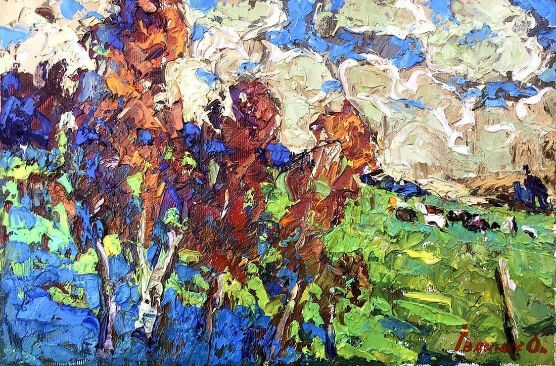 Oil painting Autumn meadows Kalenyuk Alex: Title: Oil painting Autumn meadows Kalenyuk Alex Description: No.Kalen 1138"Autumn Meadows" is a breathtaking oil painting that captures the essence of a serene countryside landscape in all its splend