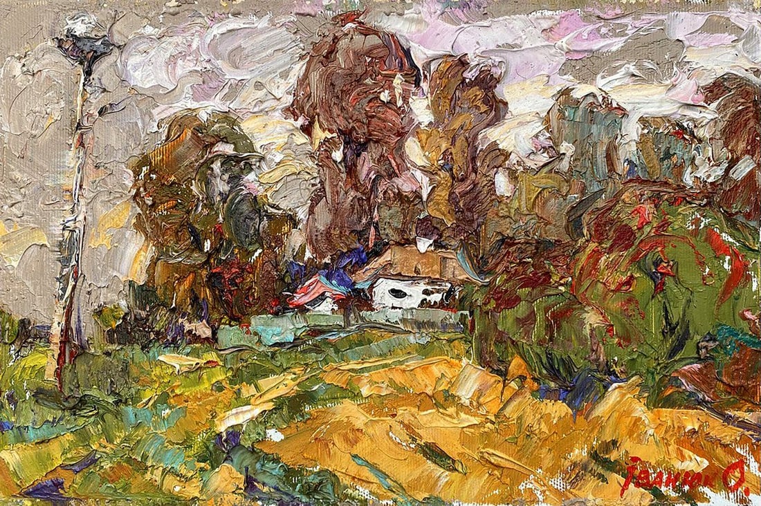 Oil painting Breath of autumn Kalenyuk Alex: Title: Oil painting Breath of autumn Kalenyuk Alex Description: No.Kalen 1171"Breath of Autumn" is a striking oil painting that perfectly encapsulates the poignant shift from summer's end to the embra