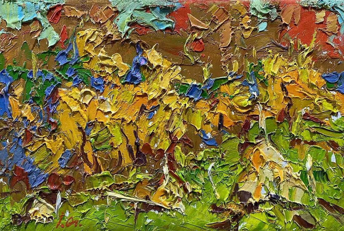 Oil painting Colors of autumn Alex Kalenyuk: Title: Oil painting Colors of autumn Alex Kalenyuk Description: No.Kalen 1213The painting depicts an abstract landscape made using the impasto technique with pronounced texture and strokes of paint. T