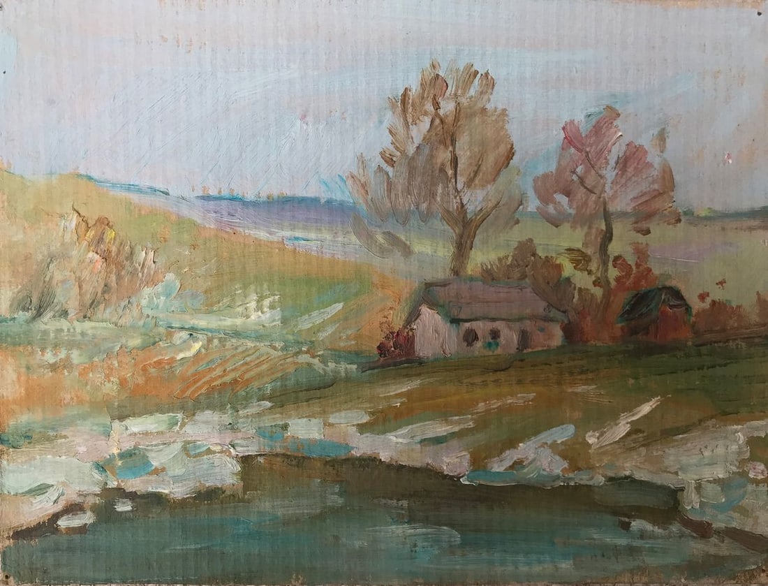 Oil painting House on the outskirts Unknown artist: Title: Oil painting House on the outskirts Unknown artist Description: No.AAA2081 Looking at this oil painting, one can't help but be impressed by the serenity and beauty of nature. The house is locat