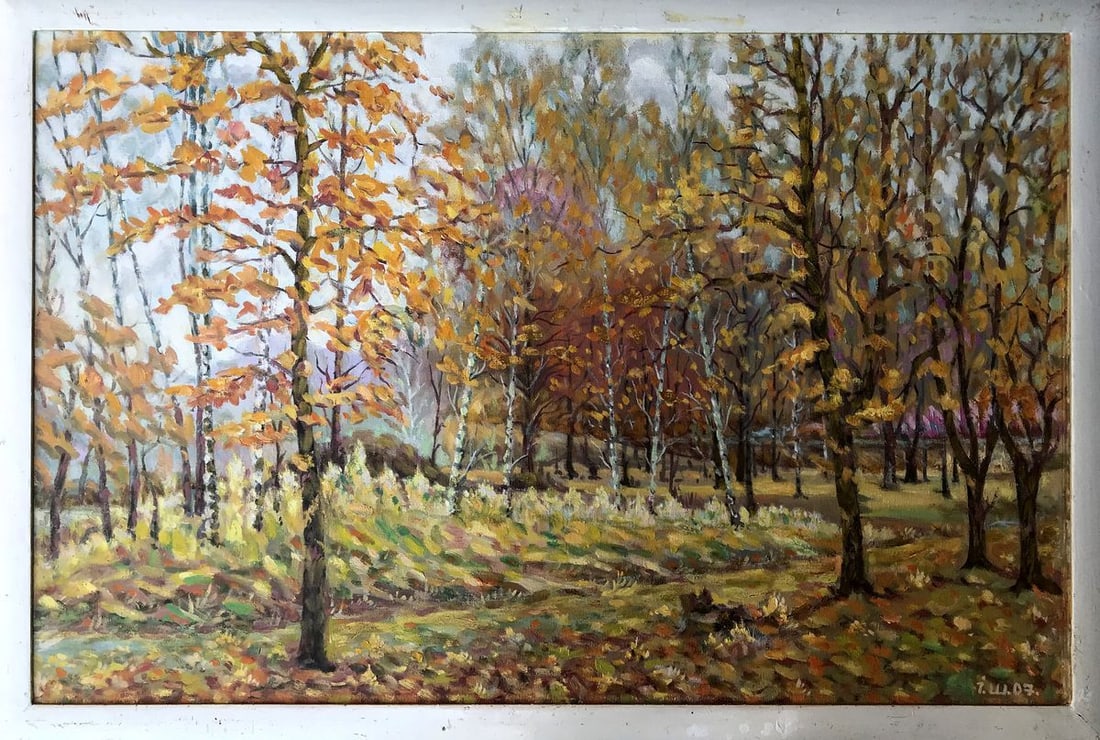 Oil painting Golden autumn Shapoval Ivan Leontyevich: Title: Oil painting Golden autumn Shapoval Ivan Leontyevich Description: No.AAA3004"Golden Autumn" is an enchanting oil painting that portrays the serene beauty of an autumnal forest in all its resple