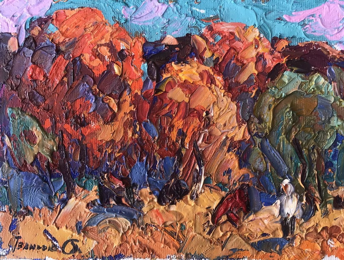 Oil painting Autumn is crimson Kalenyuk Alex: Title: Oil painting Autumn is crimson Kalenyuk Alex Description: No.AAA3086"Crimson Autumn" is a breathtaking oil painting that captures the essence of a picturesque autumn landscape. This exquisite