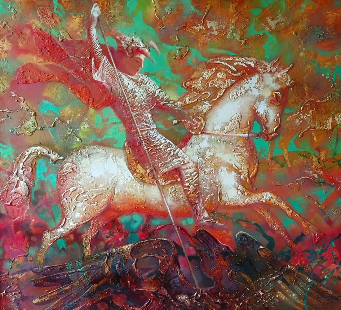 Abstract oil painting Warrior on horseback Anatoly Tarabanov: Title: Abstract oil painting Warrior on horseback Anatoly Tarabanov Description: ?Tar 426*** ABOUT THIS PAINTING **** TITLE: "Warrior on horseback"* ARTISTS: Anatoly Tarabanov* SIZE: 90x100