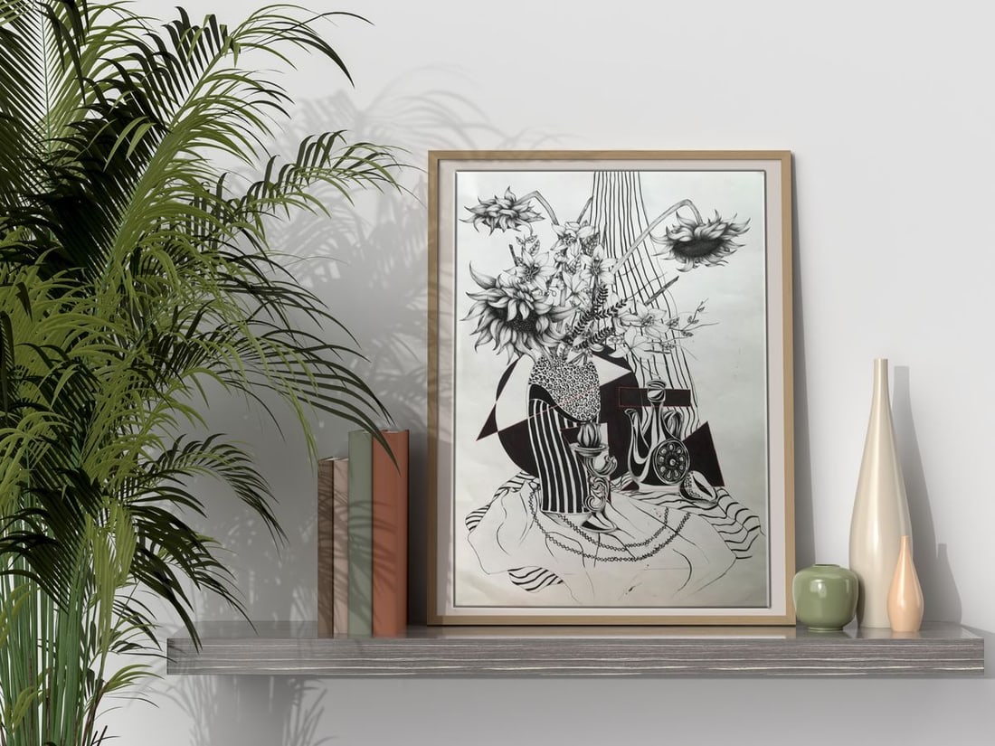 Abstract pen painting Sunflowers and lilies Unknown artist - 2