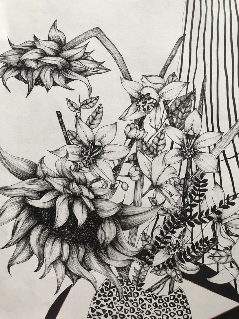 Abstract pen painting Sunflowers and lilies Unknown artist - 4