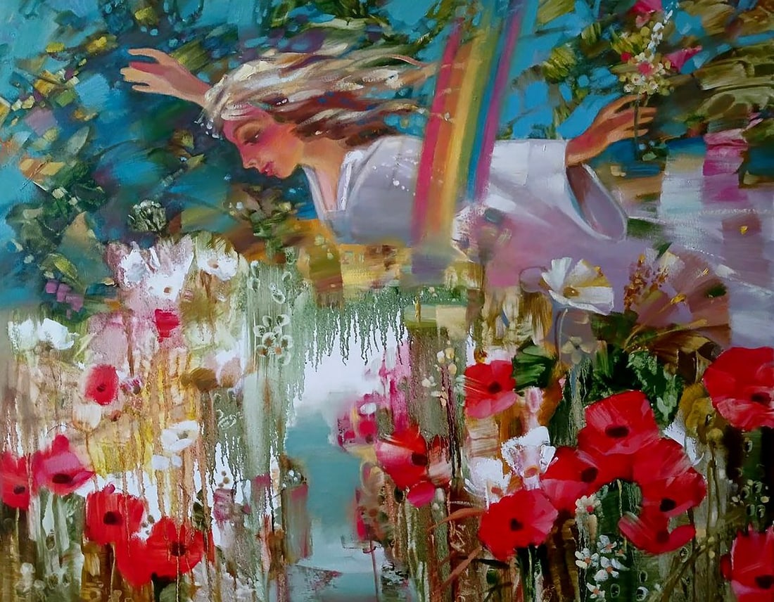 Abstract oil painting Rainbow Anatoly Tarabanov: Title: Abstract oil painting Rainbow Anatoly Tarabanov Description: ?Tar 340The painting depicts a woman who appears to be interacting with the nature around her. Her figure is located on the left sid