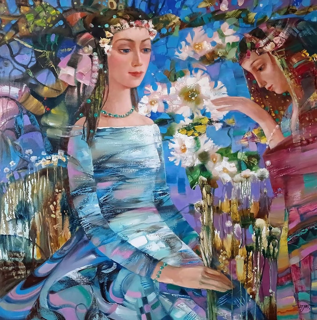 Abstract oil painting Flower Queen of the Night Anatoly Tarabanov: Title: Abstract oil painting Flower Queen of the Night Anatoly Tarabanov Description: ?Tar 342The painting depicts two women enveloped in the atmosphere of a mysterious garden. The main colors of the