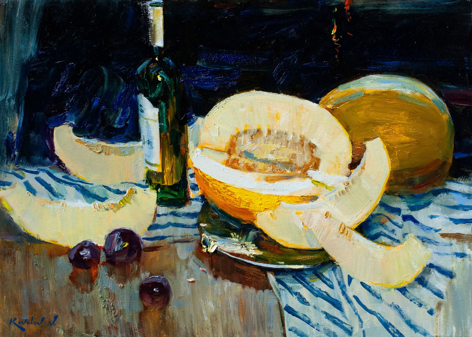 Oil painting Evening still life with melon Ukrainian Artist: Title: Oil painting Evening still life with melon Ukrainian Artist Description: 24KV Painter: Kovaliov V. S?ze: 50x70 cm/19.7x27.6 inches Components: oil, canvas Original painting from our collection 