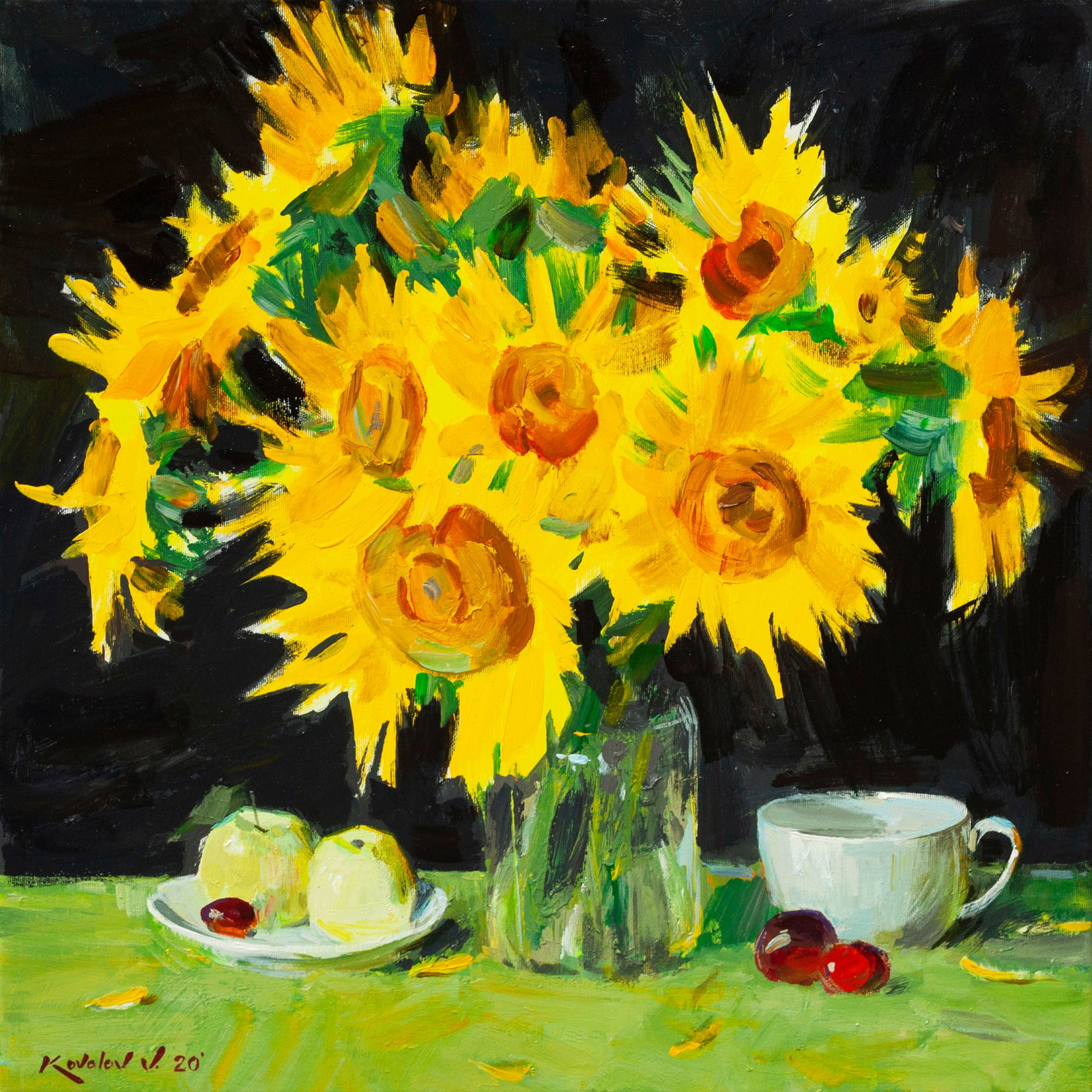 Oil painting Sunflowers Ukrainian Artist: Title: Oil painting Sunflowers Ukrainian Artist Description: 65KV Painter: Kovaliov V. S?ze: 60x60 cm/23.6x23.6 inches Components: acrylic, canvas Original painting from our collection ERA: 2020 Short