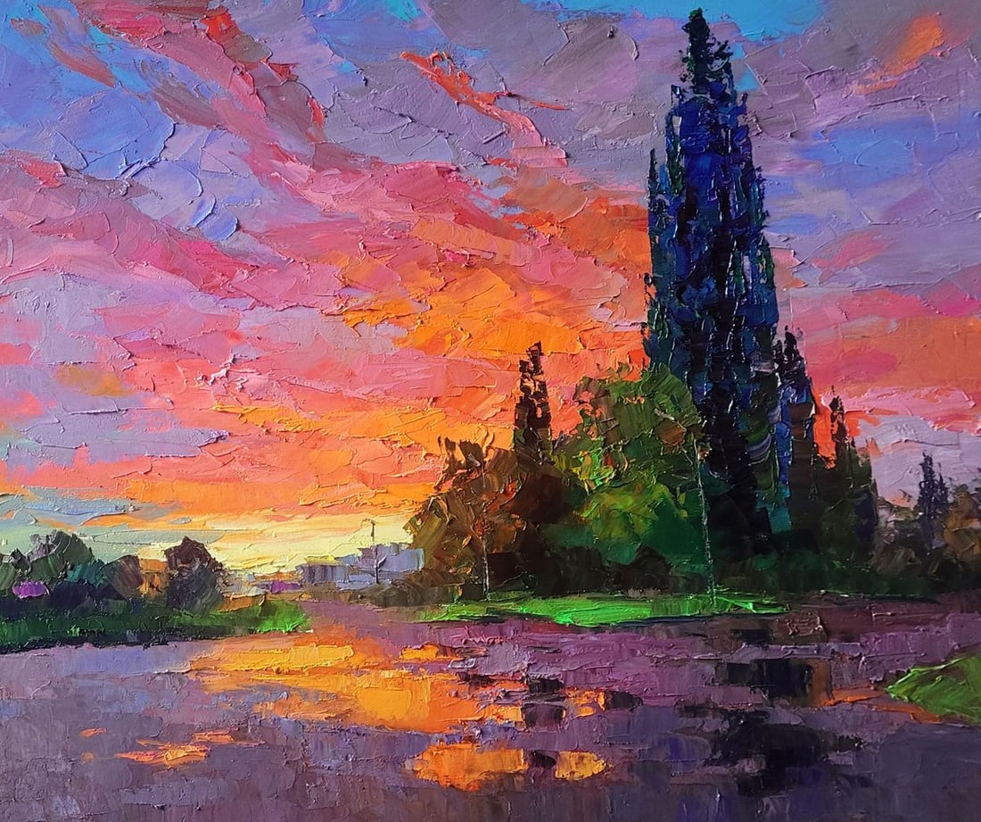 Oil painting Morning After the Rain Boris Serdyuk: Title: Oil painting Morning After the Rain Boris Serdyuk Description: NoSERB 1286Oil painting Morning After the Rain Boris Serdyuk captures a luminous landscape where the sky glows with vibrant sunset