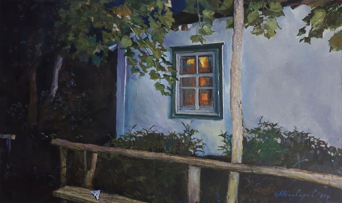 Oil painting Echo of my village Anatoly Varvarov: Title: Oil painting Echo of my village Anatoly Varvarov Description: NoVarv 222The painting "Echo of My Village" captures the quiet nostalgia of a rural evening, where time seems to stand still, and