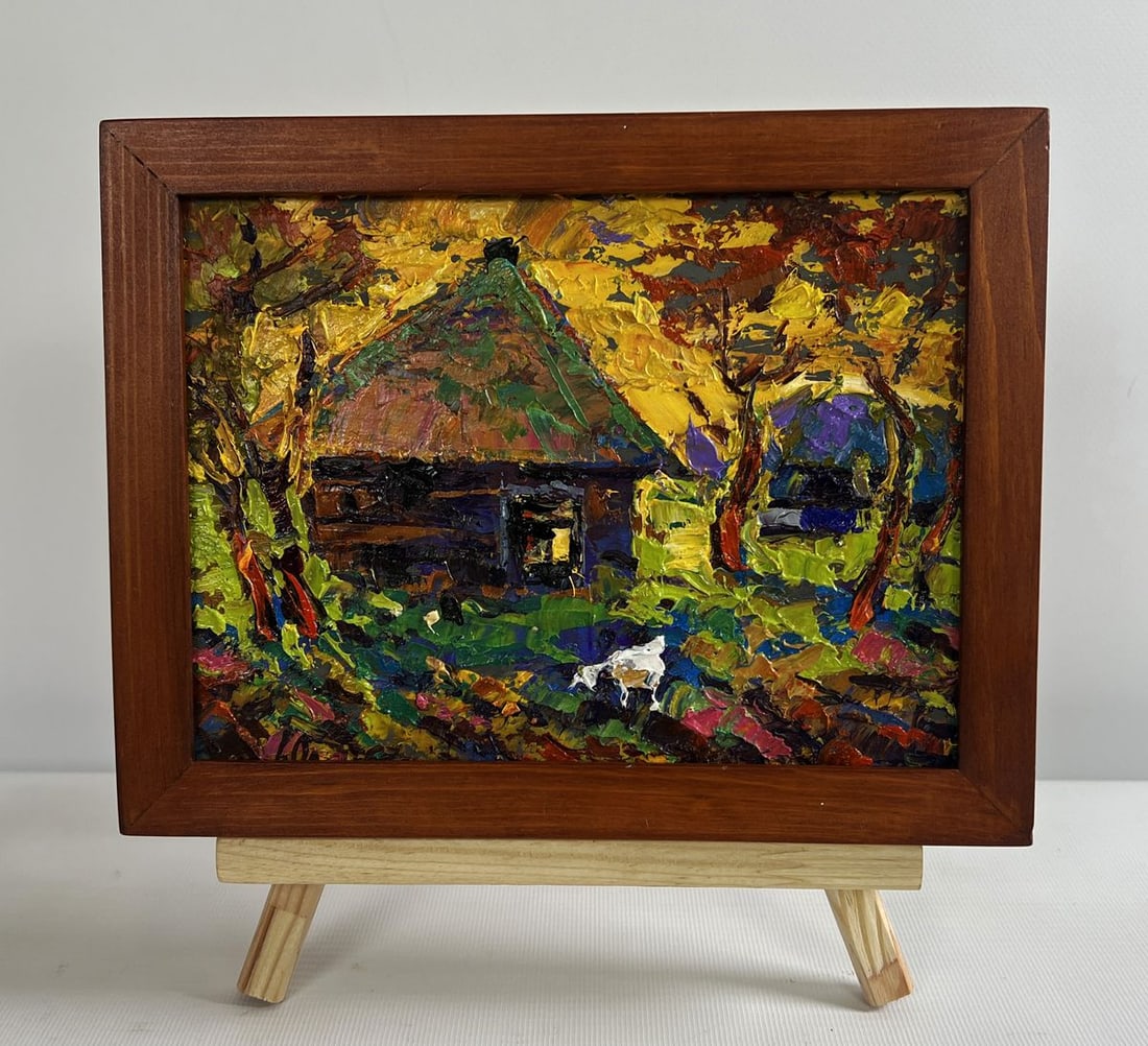 Oil painting Warm evening in the village Alex Kalenyuk: Title: Oil painting Warm evening in the village Alex Kalenyuk Description: NoAAA4735The oil painting on cardboard titled "Warm Evening in the Village" is a vibrant and expressive composition that capt
