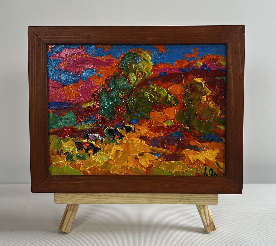 Oil painting Colors of Autumn Alex Kalenyuk: Title: Oil painting Colors of Autumn Alex Kalenyuk Description: NoAAA4737The oil painting on cardboard titled "Colors of Autumn" is a vibrant and expressive depiction of the fiery hues and rich textur