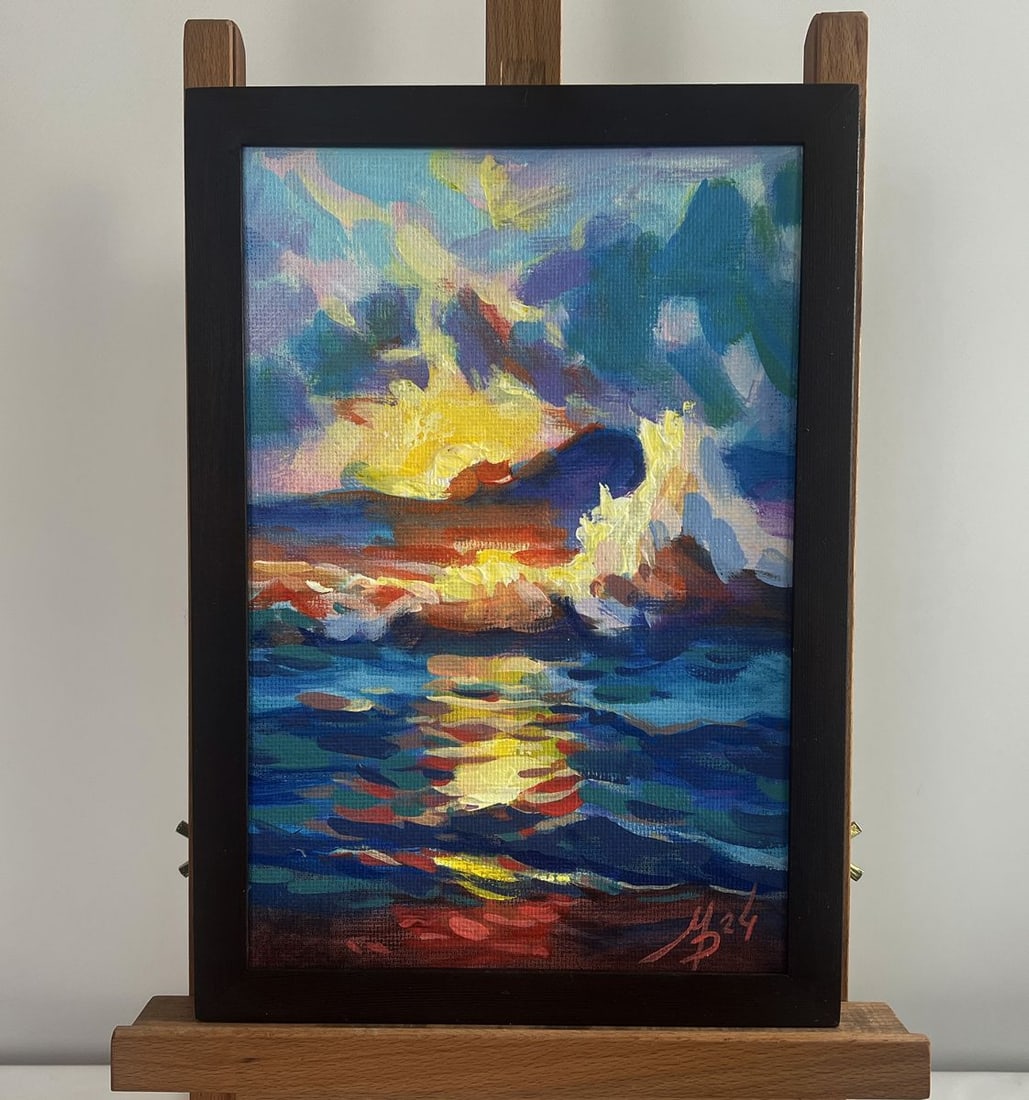 Acrylic painting Sunset over the sea horizon Mykhailo Patskan: Title: Acrylic painting Sunset over the sea horizon Mykhailo Patskan Description: NoAAA4794The acrylic painting on cardboard titled "Sunset Over the Sea Horizon" is an enchanting representation of the