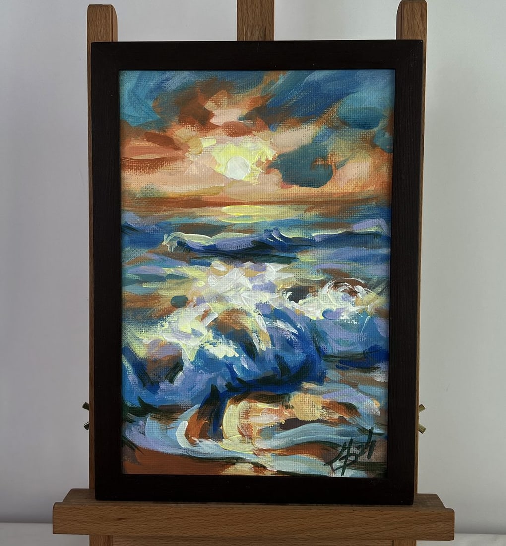 Acrylic painting Fiery sun above the horizon Mykhailo Patskan: Title: Acrylic painting Fiery sun above the horizon Mykhailo Patskan Description: NoAAA4862The acrylic painting on cardboard titled "Fiery Sun Above the Horizon" is a captivating and expressive