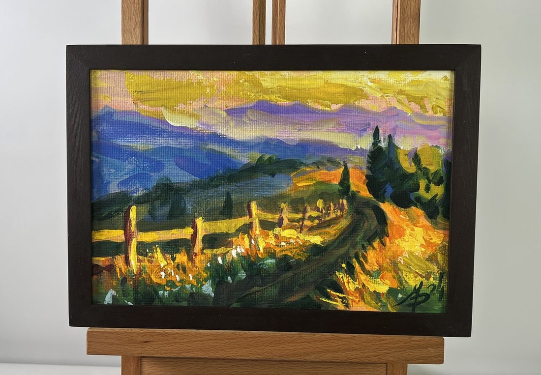 Acrylic painting Mountain path and sunset Mykhailo Patskan: Title: Acrylic painting Mountain path and sunset Mykhailo Patskan Description: NoAAA4878The acrylic painting on cardboard titled "Mountain Path and Sunset" offers a vibrant and emotionally resonant po