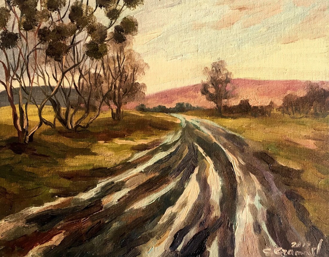 Oil painting Way home Svetlana Gramm: Title: Oil painting Way home Svetlana Gramm Description: NoAAA2637 The oil painting captures the essence of autumn with a vivid and striking depiction of a serene and picturesque landscape. The focal