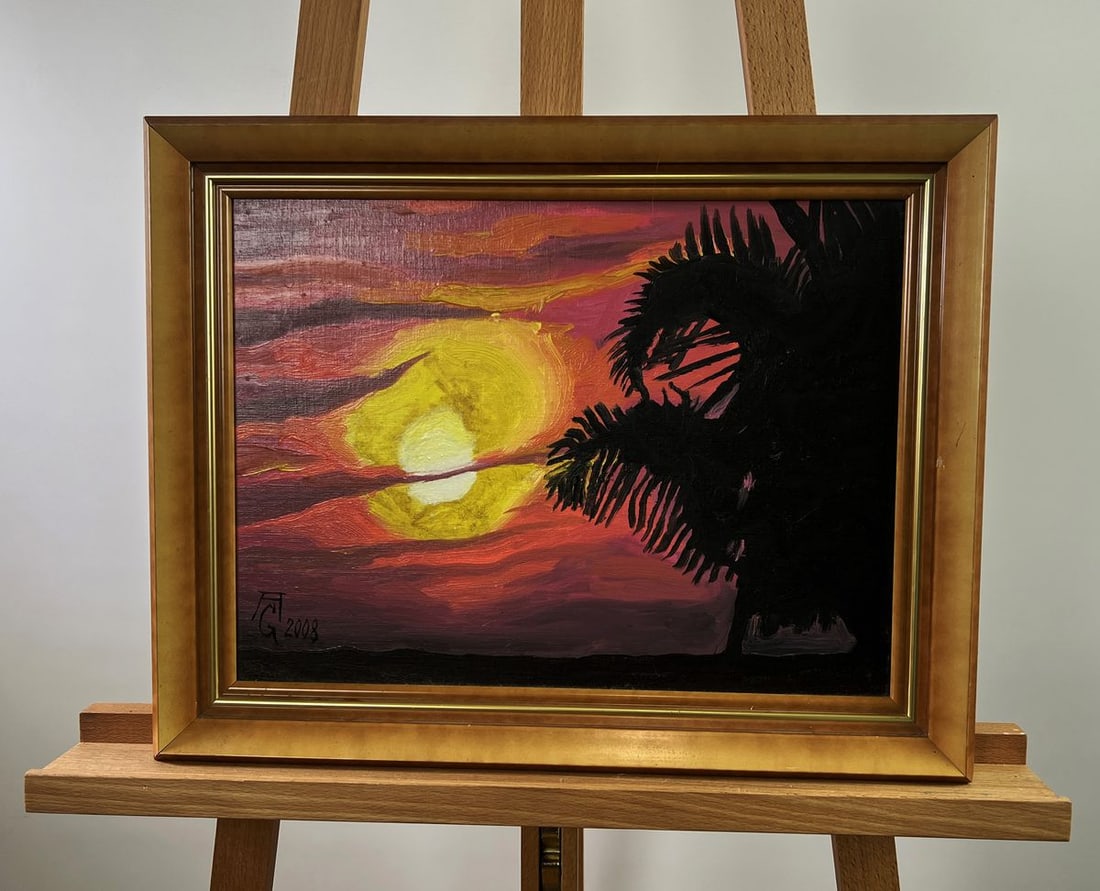 Acrylic painting The golden flame of the sky Oleksandr Gukalov: Title: Acrylic painting The golden flame of the sky Oleksandr Gukalov Description: NoAAA5560The Acrylic painting Canvas on Cardboard titled "The golden flame of the sky" captures the breathtaking and 
