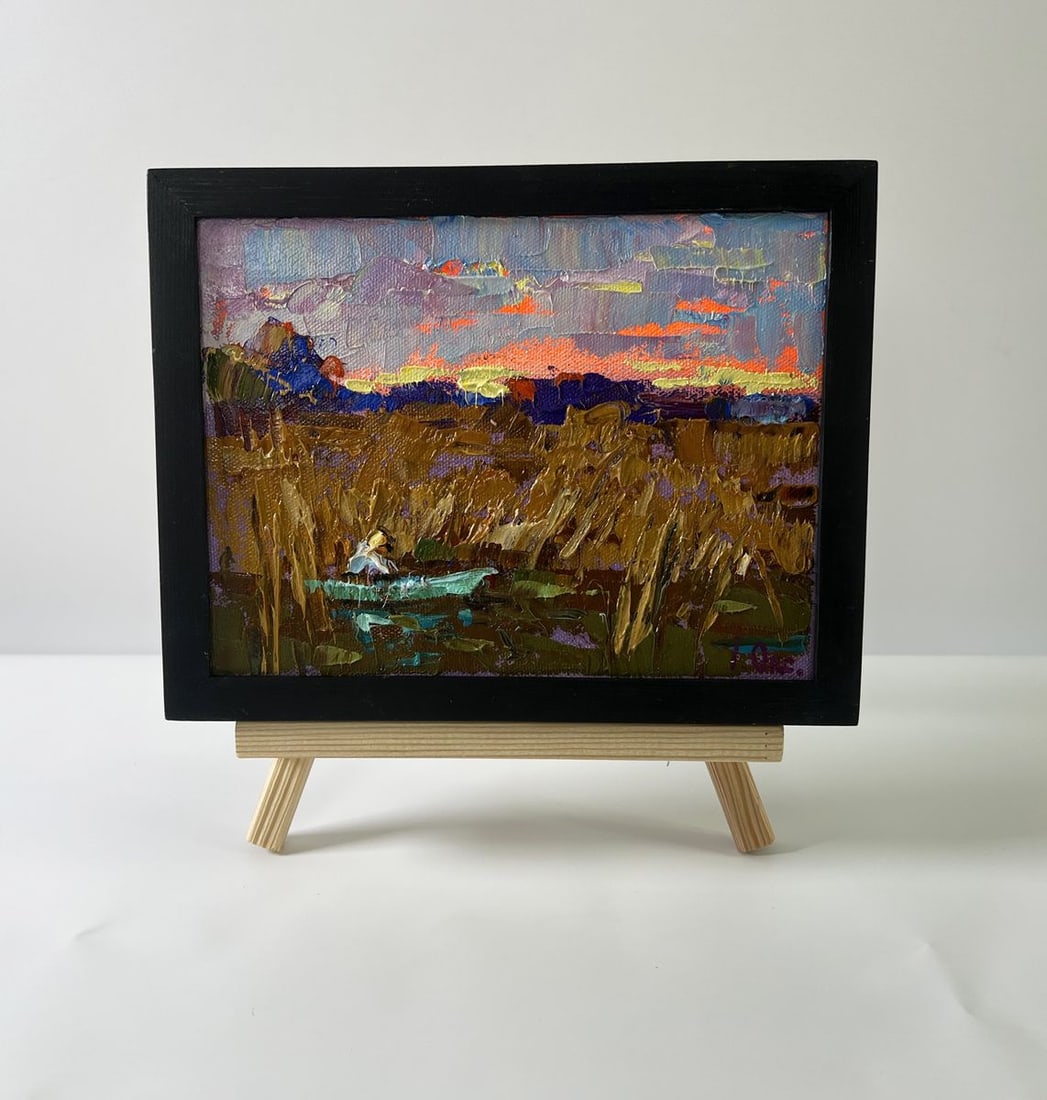 Oil painting Evening on the river Oksana Ivanyuk: Title: Oil painting Evening on the river Oksana Ivanyuk Description: NoAAA5580The Oil painting Canvas titled "Evening on the river" captures the fleeting, poetic moment when day surrenders to night an