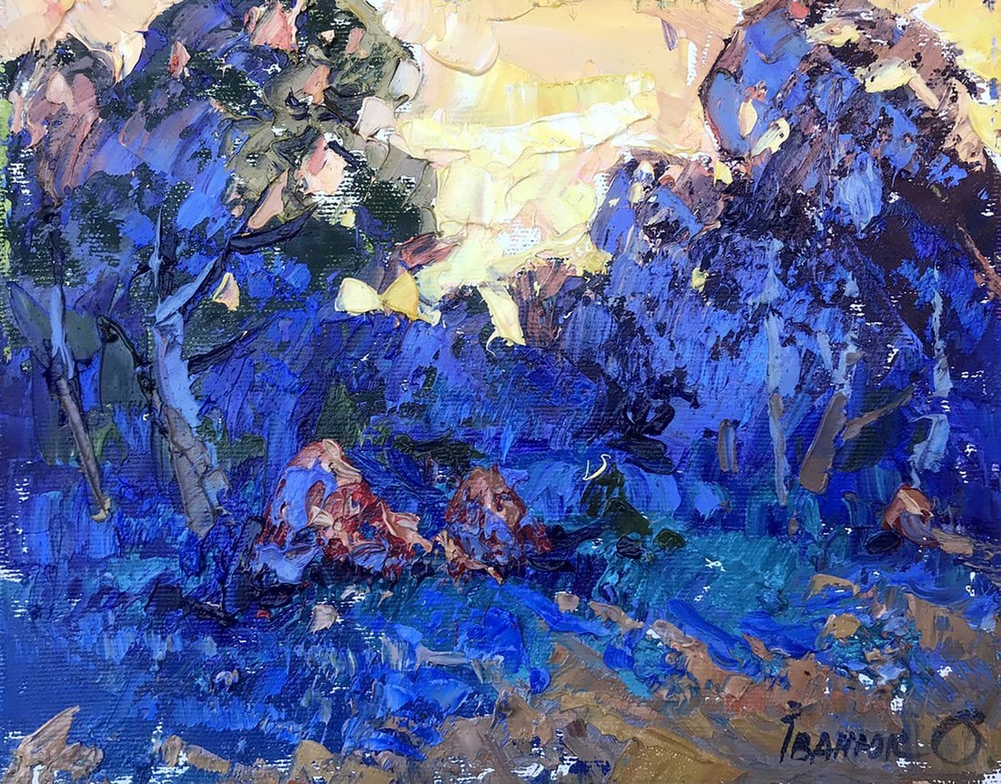 Oil painting Evening coolness Kalenyuk Alex: Title: Oil painting Evening coolness Kalenyuk Alex Description: NoKalen 1132"Evening Coolness" is a mesmerizing oil painting that captures the serene beauty of a tranquil forest at the onset of