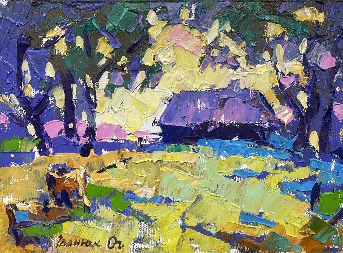 Oil painting In the evening Alex Kalenyuk: Title: Oil painting In the evening Alex Kalenyuk Description: NoKalen 1251The oil painting titled "In the Evening" is a rich, textural portrayal of a landscape as it transitions into the quiet of nigh