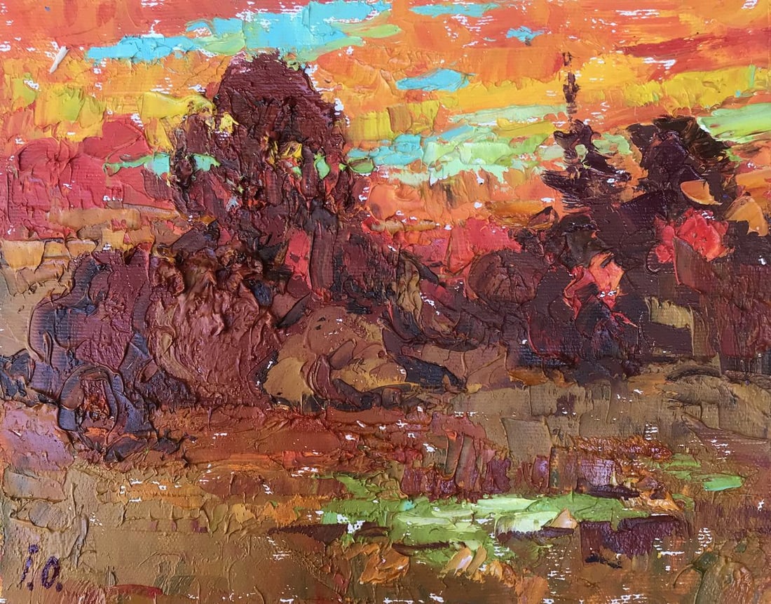 Oil painting Crimson evening Kalenyuk Alex: Title: Oil painting Crimson evening Kalenyuk Alex Description: NoAAA3063"Crimson Evening" is a breathtaking oil painting that transports viewers to a serene and enchanting landscape. This mesmerizing